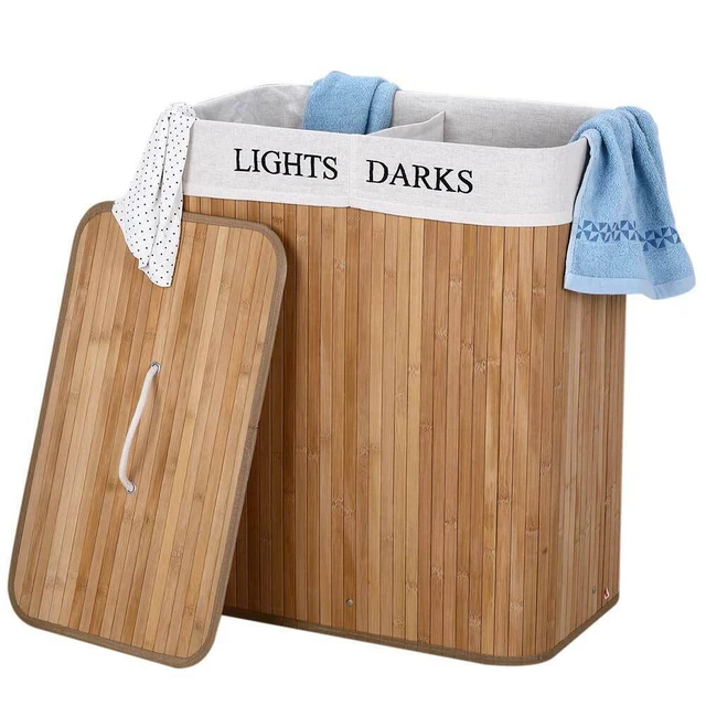 Cesto Biancheria Sporca In Bambù - 2 Scomparti, Sacco Estraibile, 50x35x60 Cm, Grigio, Per Bagno O Camera - Foto 11