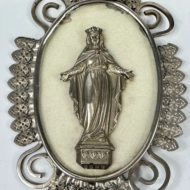 Vintage French Religious Ornate Silver Colour Metal & Glass Virgin Mary Plaque
