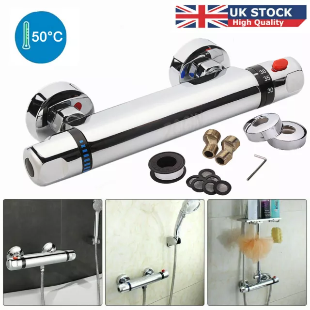 Thermostatic Shower Bar Mixer Valve Tap Chrome Bathroom Twin Bottom 1/2" Outlet