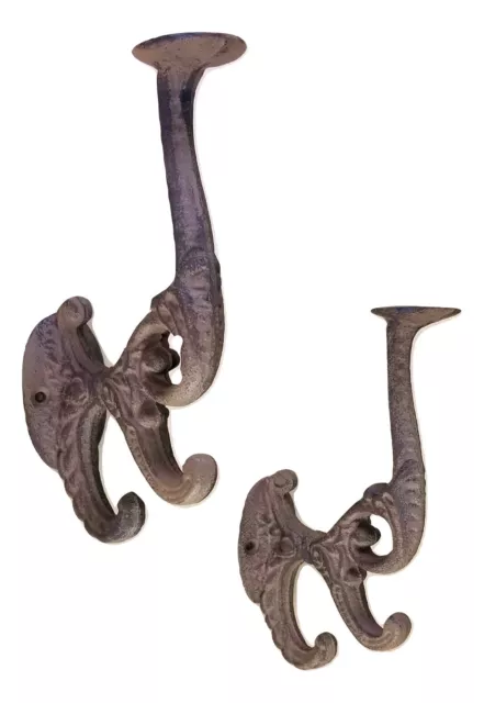 2 Cast Iron Wall Double Hooks w screws antique vintage strong key cap coat new