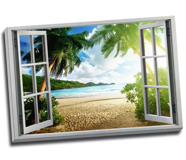 Beach Sunset View 3D Window Effect Canvas Print Wall Art Large 30x20 Inches A1