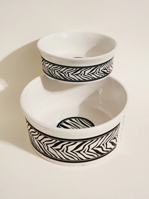 Set 2 Ceramic Nesting Dog or Cat Pet Food & Water Bowls Zebra Print-Moving Sale