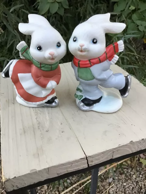 Homco Christmas SET OF 2 Ice Skating Bunny Rabbits Boy Girl 4" 5305