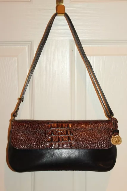 Vintage BRAHMIN Black Leather Brown Croc Embossed Leather Shoulder Bag