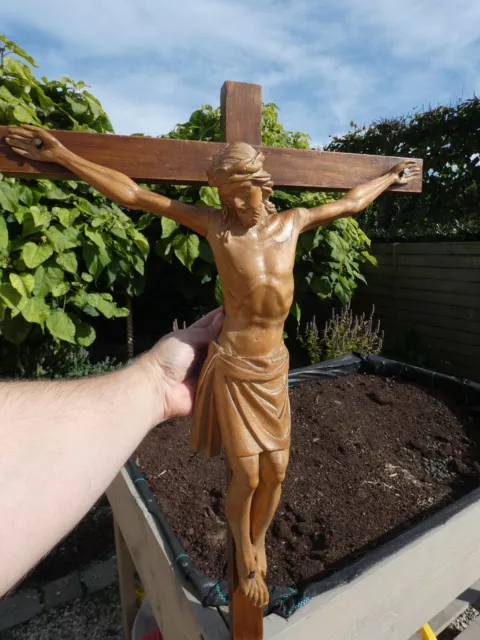 Antique large  French wood carved crucifix Christ