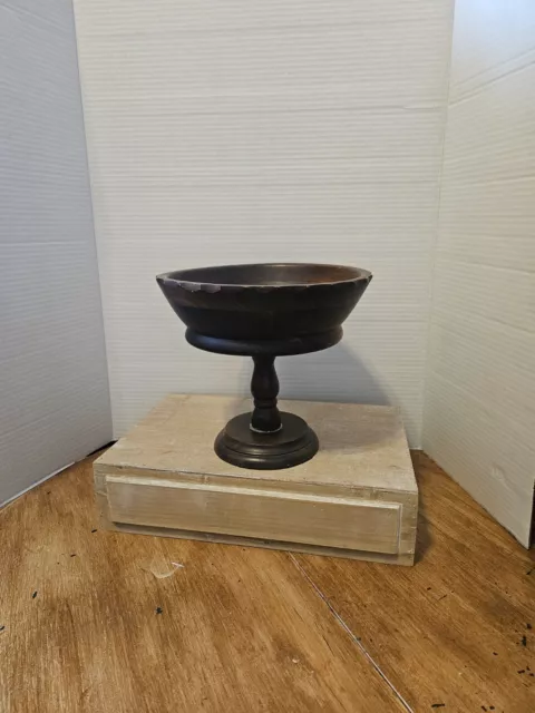 Vintage Wooden Round Compote Pedestal Bowl - Farmhouse MCM