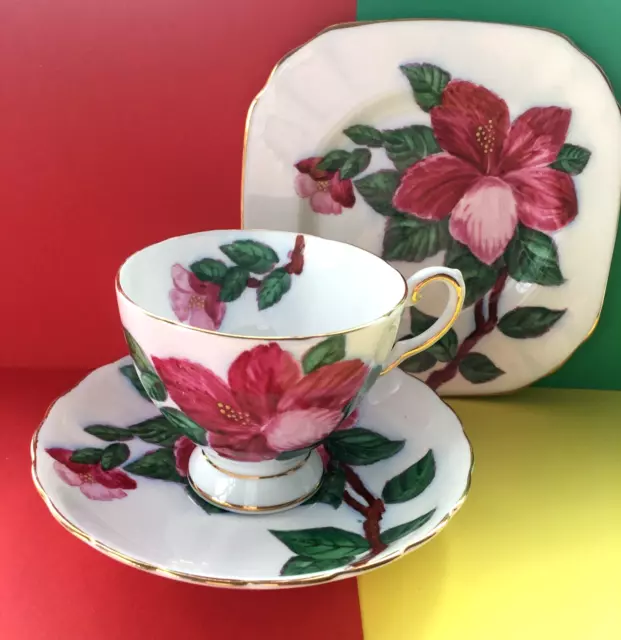 Vintage Tuscan China Tea Trio, Teacup, Saucer & Tea Plate "Red Hibiscus" 🌺🌺🌺 2