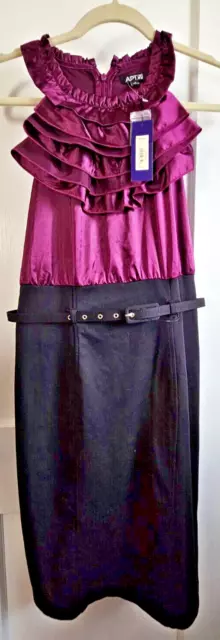 NWT APT.9 Ruffle Satin neck upper Fuchsia black shirt dress w/belt Sz 6