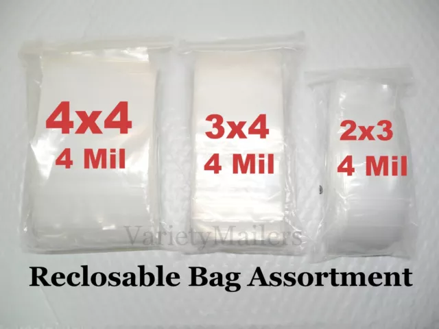 300 Reclosable Plastic Seal-Top Bag Assortment ~ 2x3 3x4 4x4 / 4 Mil Extra Thick