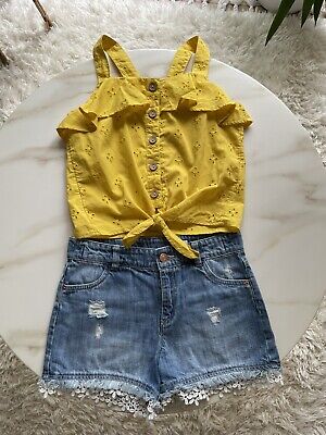 Girls Next Frill Yellow Top & Denim Shorts Set Outfit 9-10 Years
