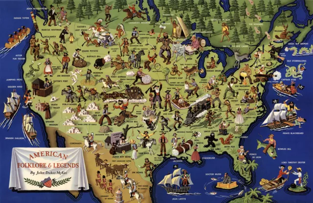 Midcentury Pictorial Map American Folklore and Legends Historical Vintage Poster