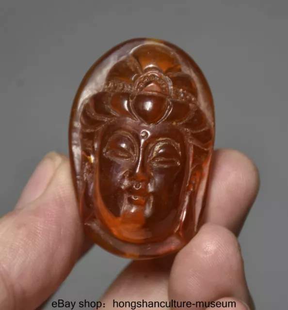2" China Red Amber Carving Buddhism Guanyin Kwan-Yin Buddha Head Bust Statue