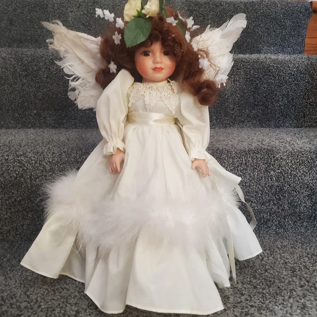 PORCELAIN ANGEL DOLL With White Feather Wings and White Dress