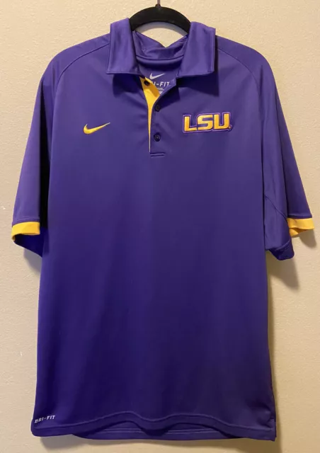LSU Tigers Nike Dri Fit Polo Shirt Size Medium Short Sleeve Purple Gold 3 Button