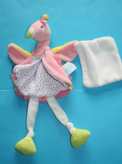 Babynat Doudou Flamant Rose Blanc Vert Pois Mouchoir Blanc Bn0425 Etat Neuf