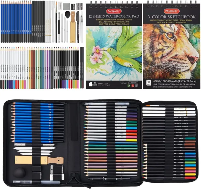 80 Pack Drawing Set Sketching Kit, Pro Art Supplies with 3-Color Sketchbook, Wat