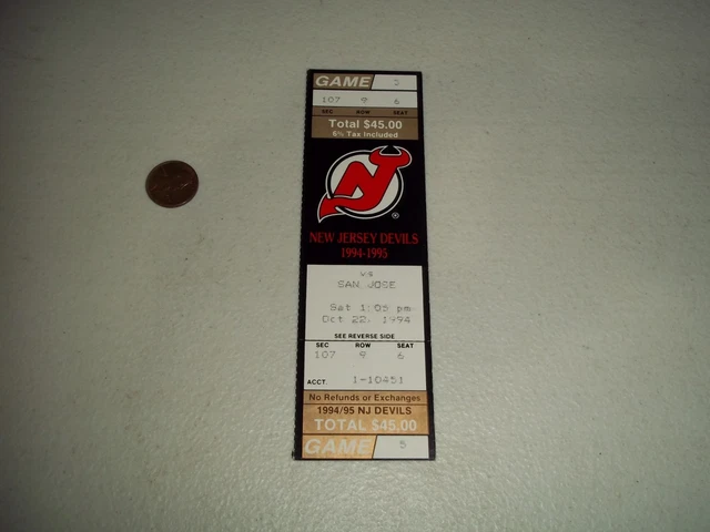 Logo Nj Devils Hockey Tickets 10/22/94 SAN JOSE Sharks Vs New