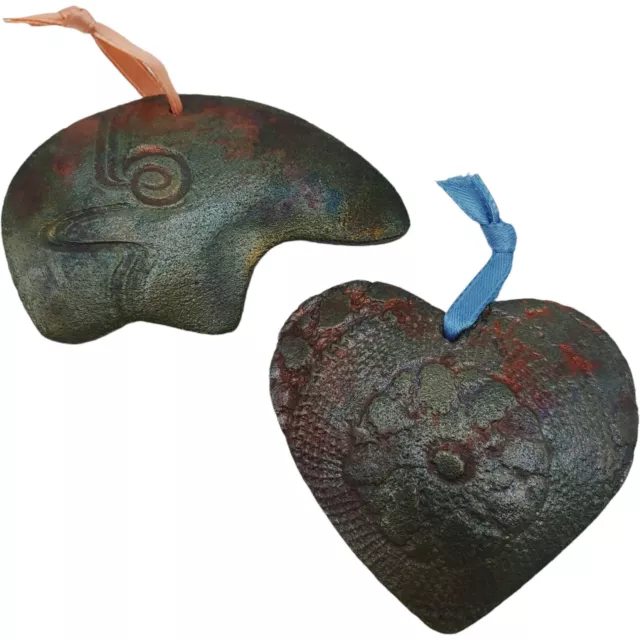 HANDMADE Raku Pottery Ornaments - 3.5" Green Bear Fetish & Heart Artist Signed