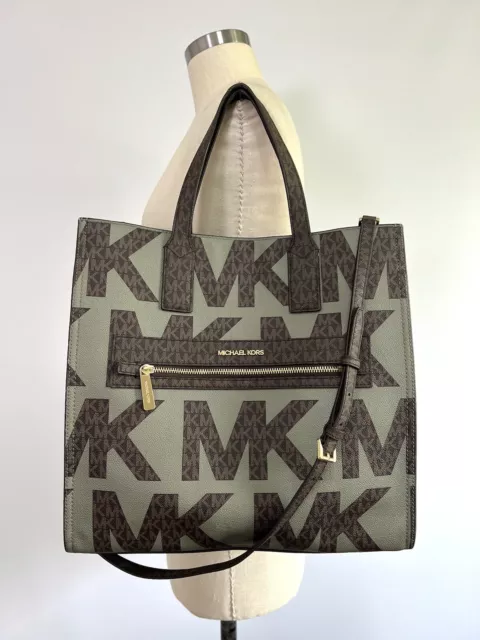 MICHAEL KORS KENLY Large Graphic Logo Tote Back Brown Green Coated