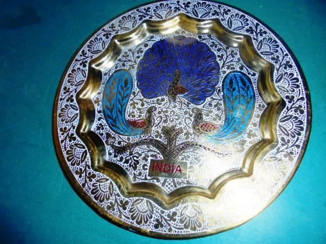 Lovely 5.5" Brass Peacock Collector Wall Plate Hand Painted Art Home Decor India