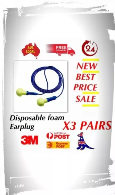 3 Pairs 3M EarPlug Corded 1005 EAR Push-Ins Disposable Foam Individual Wrap 28Db