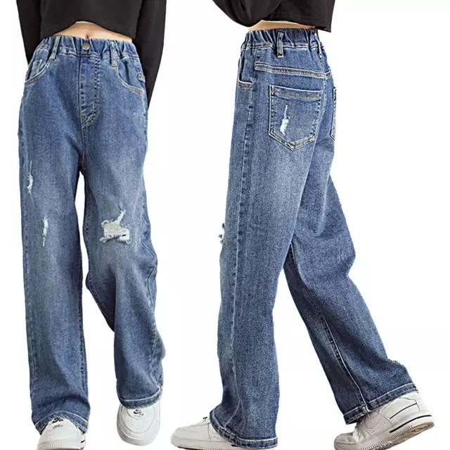 Girls Ripped Denim Pants Holes Stretchy Casual Straight-Leg Baggy Jeans Trousers