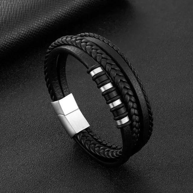 Leder Armband Schwarz Gold Silber Herren Armreif Geflochten Magnetverschluss NEU 3