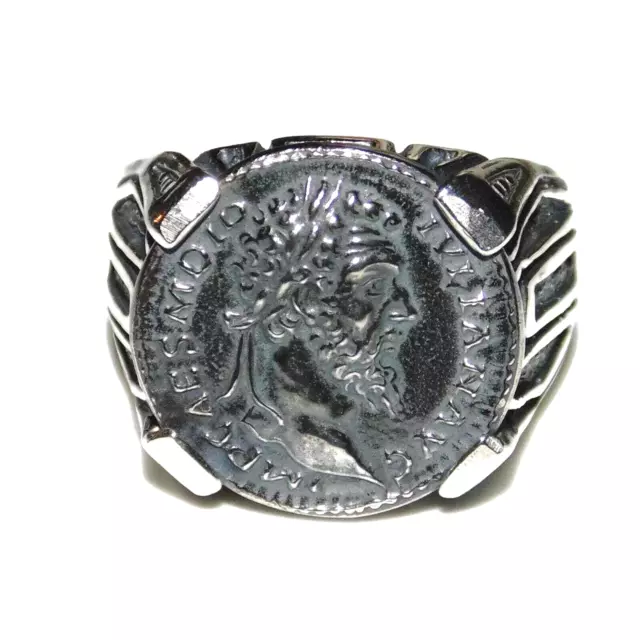 925 MEN'S STERLING Silver Ring Signet Roman Ancient Coin Caesar Emperor ...