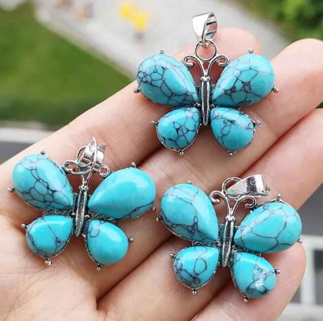 3pcs Cyan Turquoise stone Butterfly Pendants Chakra Reiki Healing Amulet