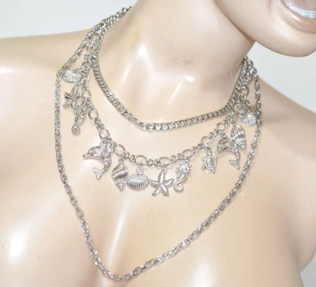 Collana donna argento girocollo multi catena ciondoli marini conchiglie UBB38