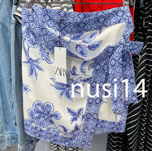 Zara New Woman High-Waist Knot Greek Floral Print Mini Skirt Blue White 9878/108