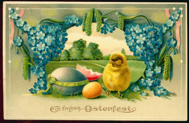 "Ein frohes Osterfest", Präge-AK von 1909, Küken von Blumen umrankt