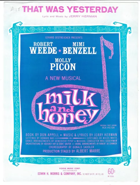 ROBERT WEEDE Broadway Sheet Music THAT WAS YESTERDAY / MILK AND HONEY 1961