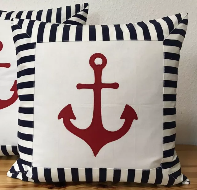 1 Maritime Pillow Case, Cushion Cover, Cushion Anchor, White/Blue Striped 40x40