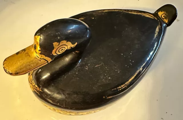 Vintage Burmese Black and Gilded Gold Leaf Lacquered Wooden Duck Trinket Box 5”