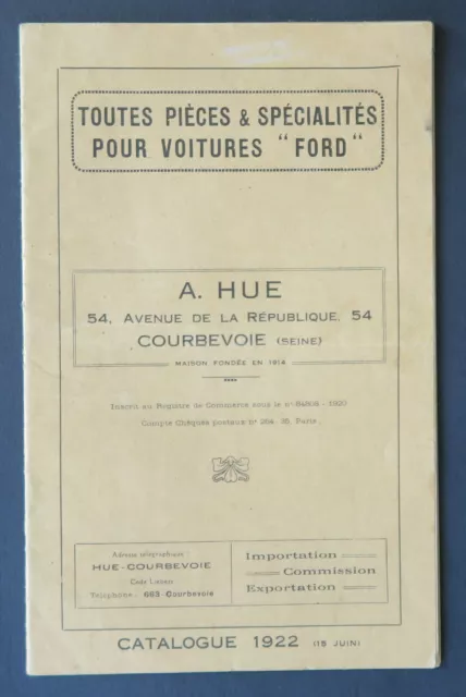 Catalogue 1922 FORD HUE Courbevoie Mascotte automobilia french catalog