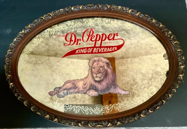 Vintage Dr Pepper “King of Beverages” Lion Framed Mirror Sign