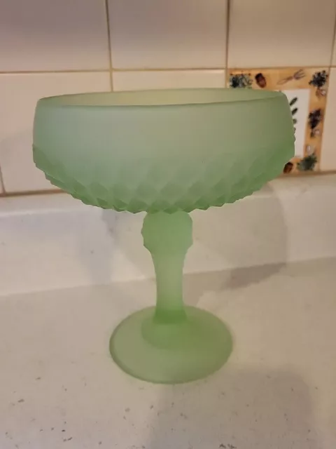 VTG Indiana Glass Green Satin Frosted Diamond Point Candy Dish Compote....