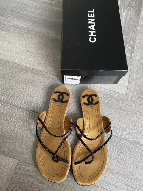 CHANEL GOLD BRONZE leather black wrap CC logo slides sandals flat