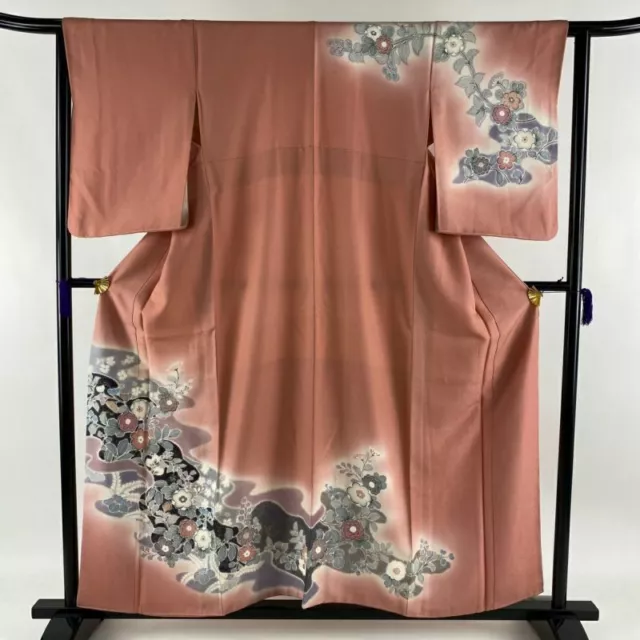 Woman Japanese Kimono Houmongi Silk Grass Flower Haze Gold Silver Foil Pink