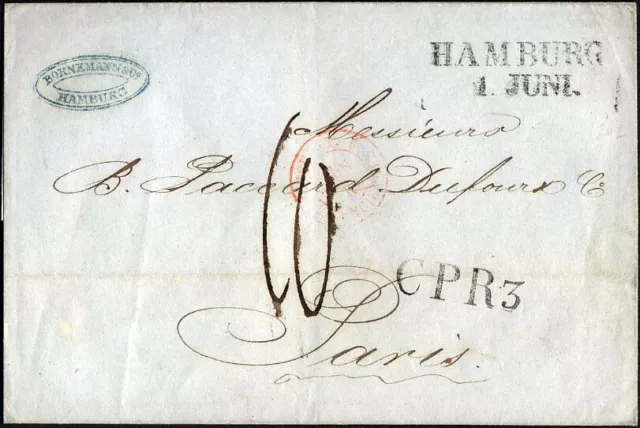 HAMBURG-VORPHILA 1846, HAMBURG, L2 und L1 CPR 3 auf Brief n. Paris, roter Tour-T