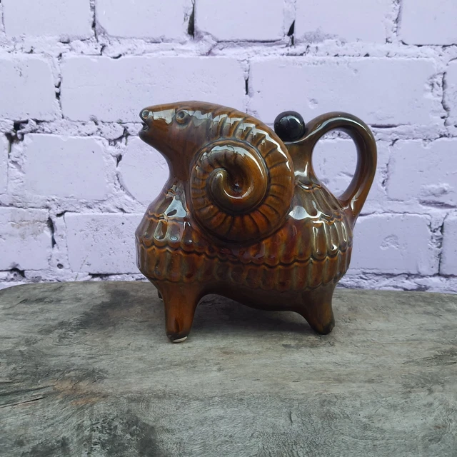 Ukrainian Ceramic Ram Decanter 1500 ml, Vintage Soviet brown clay decanter