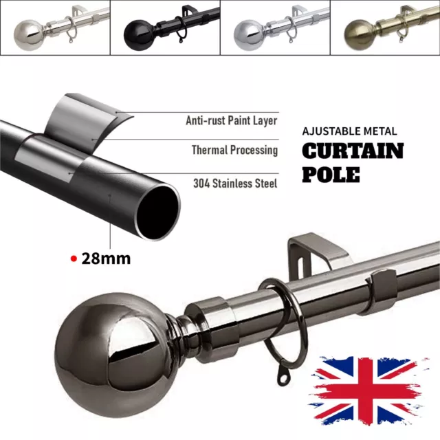 Extendable Metal Curtain Pole Rod 28mm W Superior Finials, Rings & Rod Fittings