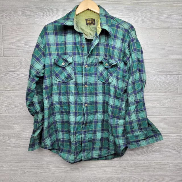 Vintage 80s Green Plaid Flannel Long Sleeve Buttonup Shirt Size Large Distressed
