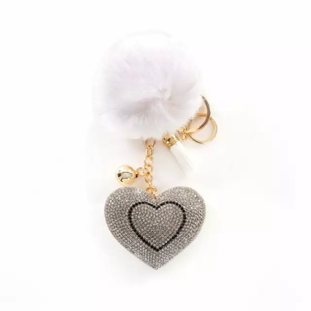 Cute Keychain Faux Fur Pompom with Crystal Heart - Fluffy Fur Ball Keychain.