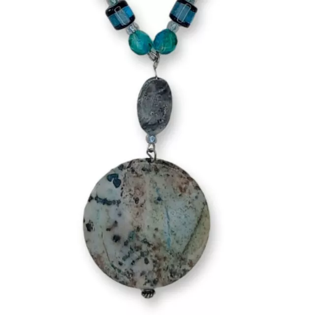 African Turquoise & Glass Beads Necklace Black / Aqua Blue Jasper Stone Pendant