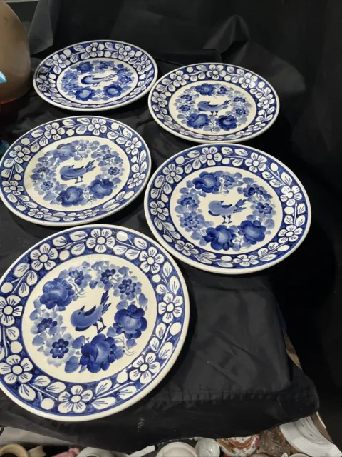 polosh pottery set of 5 dinner plates blue and white 9.5 in