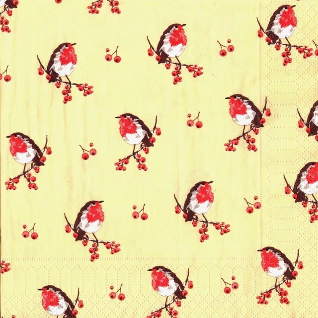 Serviettes en papier oiseaux rouge-gorge sur baies. Napkins birds robin berries