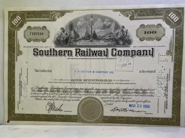 1968 SOUTHERN RAILWAY CO. Stock Certificate 100 Shares. Olive