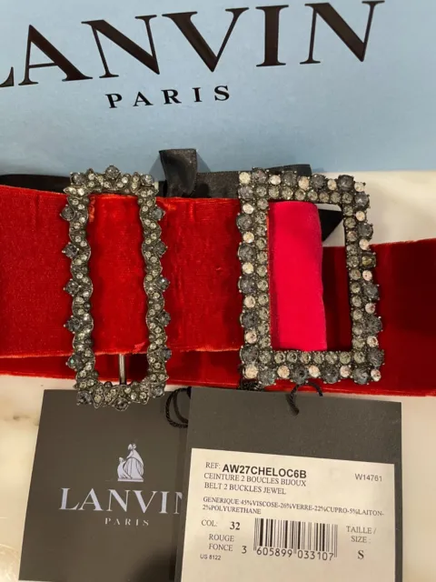 Lanvin Red Velvet belt with Crystal Rhinestone Double Buckle Jewels